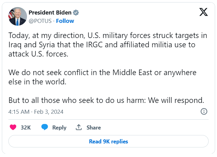 American President Joe Bidden Statement on U.S. Strikes in Iraq and Syria